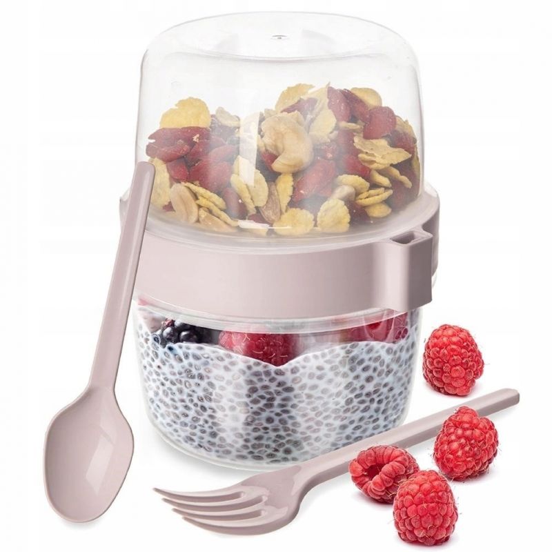 Pojemnik kubek na jogurt z łyżeczką i widelcem lunchbox 370 ml dwustronny