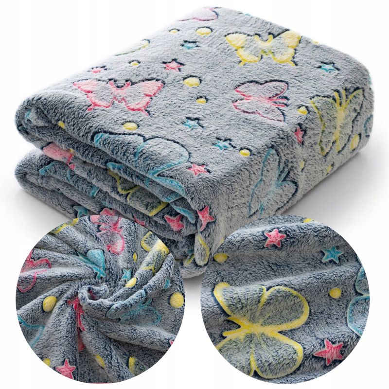 Koc 150 x 200 Mikrofibra Fluorescencyjny ŚWIECĄCY w ciemności Motylki