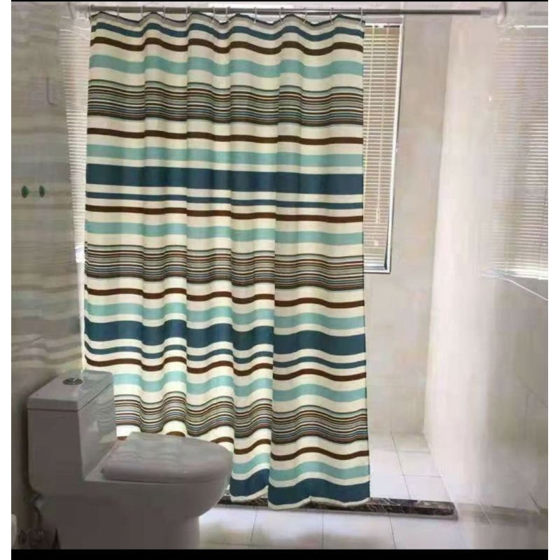 GRUBA ZASŁONA PRYSZNICOWA POLIESTROWA 180cm x 180 KREMOWO- NIEBIESKIE PASY