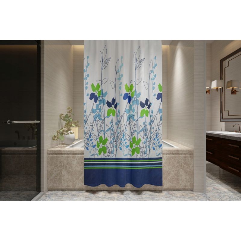 GRUBA ZASŁONA PRYSZNICOWA POLIESTROWA 180cm x 180 NIEBIESKIE PASY Z LIŚĆMI