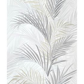TAPETA 5869-01 BIAŁA Liście PALMY SZARO ZŁOTE BROKAT Fliz