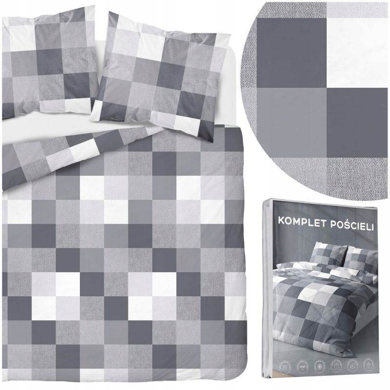 Komplet pościeli kwadraty 200x220 + 2 poszewki 70x80 POŚCIEL szara KRATKA