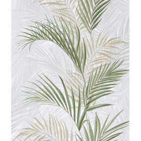 TAPETA 5869-02 BIAŁA Liście PALMY SZARO zielono ZŁOTE BROKAT