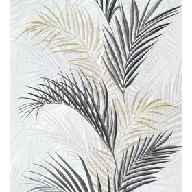 TAPETA 5869-10 BIAŁA Liście PALMY CZARNE ZŁOTE BROKAT
