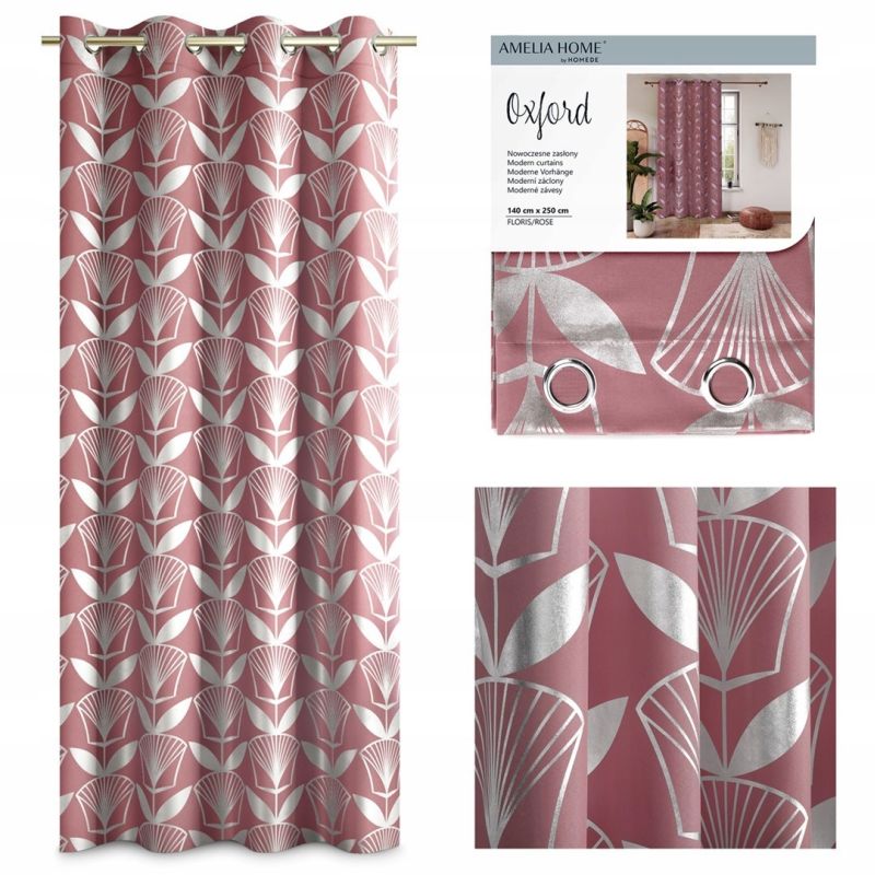 Zasłona 140 x 250 Dekoracyjna przelotkach brudny RÓŻ srebrne kwiaty