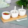 Miseczki na sosy przekąski z łyżeczkami ceramiczne białe 90ml deska bambus
