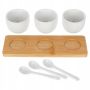Miseczki na sosy przekąski z łyżeczkami ceramiczne białe 90ml deska bambus