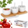 Miseczki na sosy przekąski z łyżeczkami ceramiczne białe 90ml deska bambus