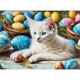 PODKŁADKA MATA STOŁOWA LAMINOWANA NA STÓŁ WIELKANOC BIAŁY KOT I JAJKA