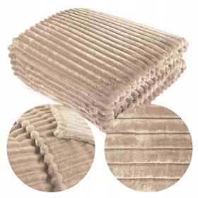 Koc narzuta Mikrofibra Pluszowy 200x220 TŁOCZONY PASY BEŻ KREM