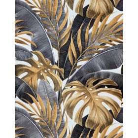 TAPETA JS002 Monstera liście ZŁOTA SZARA BROKAT Fliz
