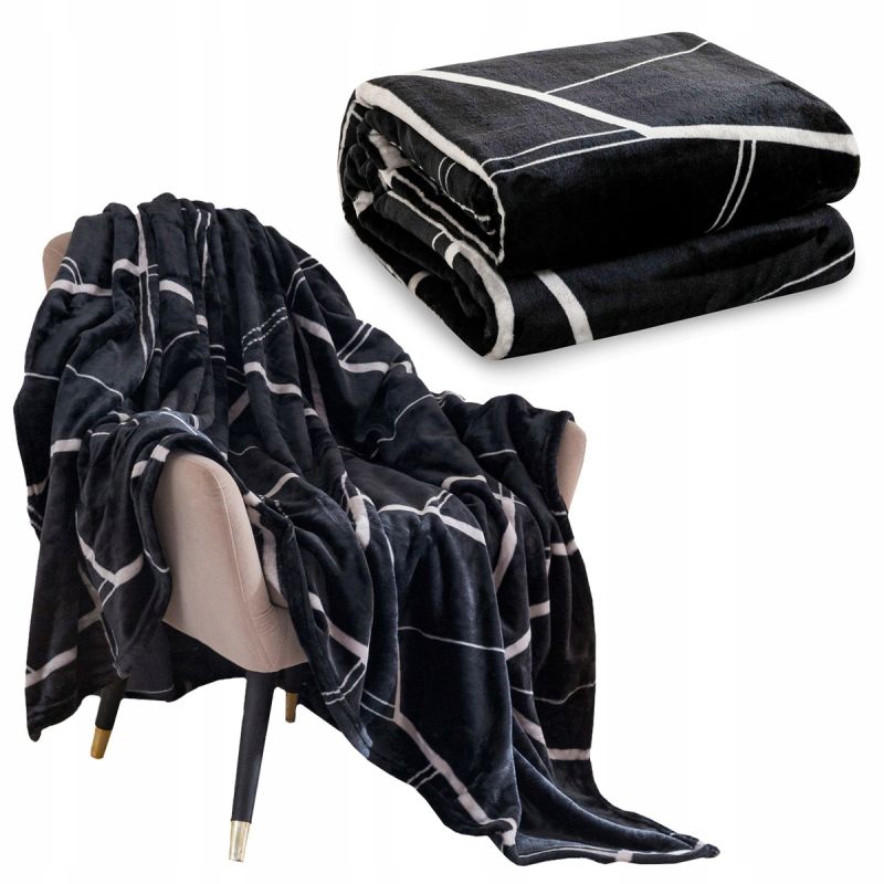 Koc narzuta Mikrofibra Czarny Biały Ciepły 160x200 miękki LEKKI Inger