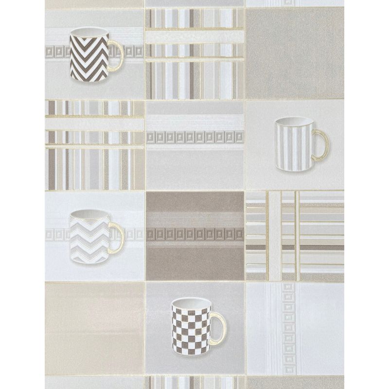 TAPETA 9127-02 KAFELKI PŁYTKI KREM BEŻ BIEL Kubki Filiżanki Kuchnia Winyl