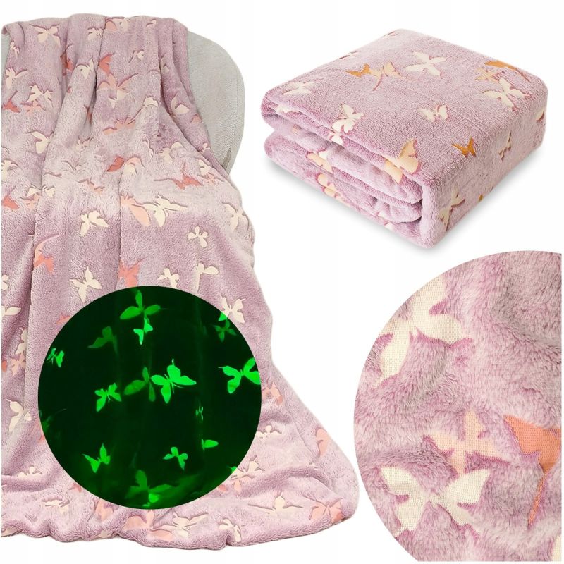 Koc 150x200 Mikrofibra Fluorescencyjny ŚWIECĄCY w ciemności MOTYLE różowy