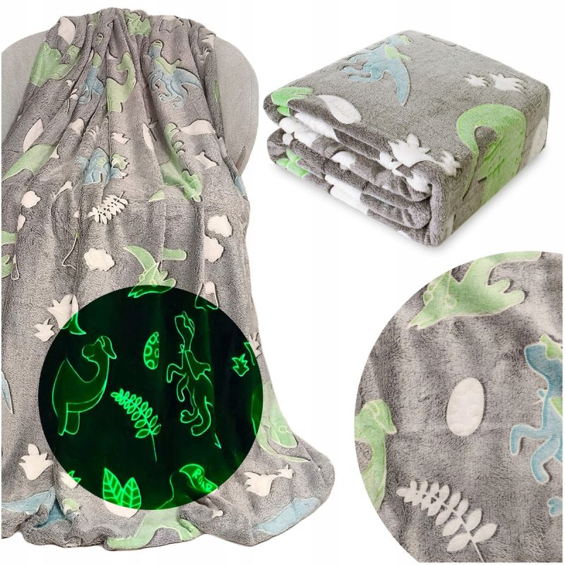 Koc 150x200 Mikrofibra Fluorescencyjny ŚWIECĄCY w ciemności szary DINOZAURY