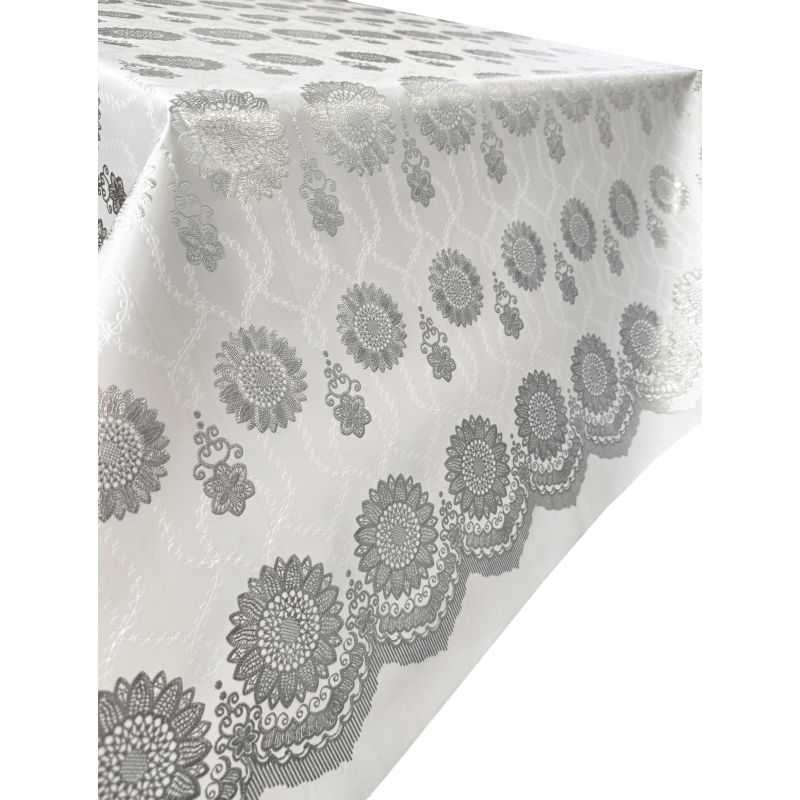 OBRUS CERATA PS BIAŁA W SREBRNE SŁONECZNIKI GRUBA NA METRY