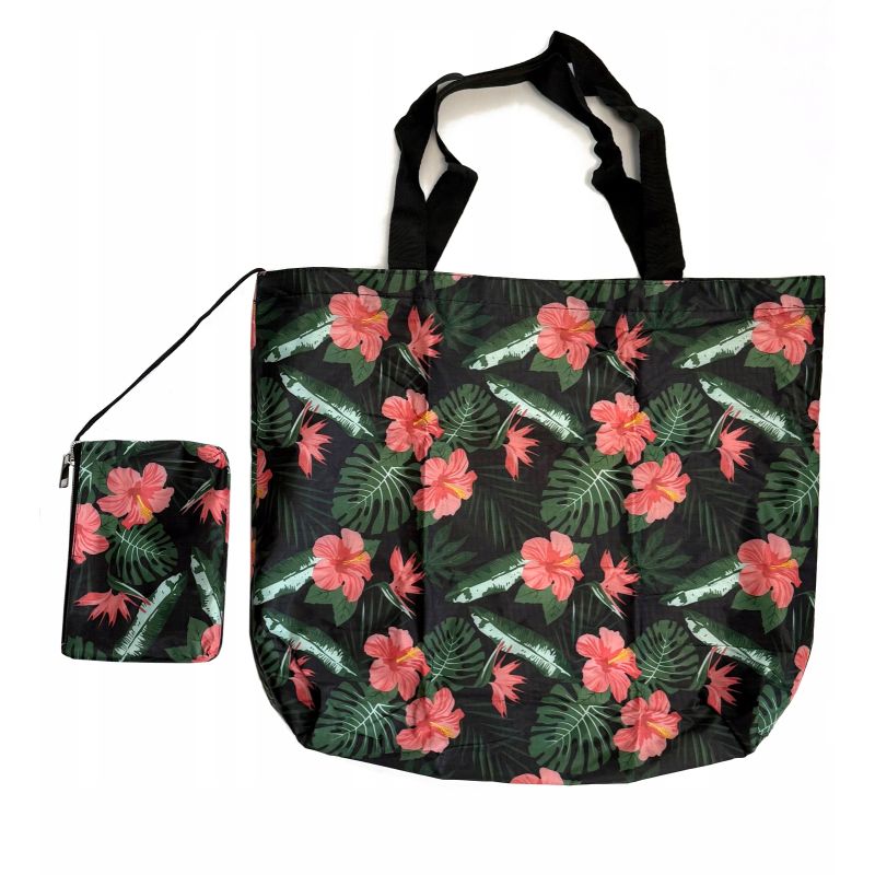 TORBA PORTFEL MAX SKŁADANA EKO ZAKUPY Czarna Zielone Liście Róż Kwiat