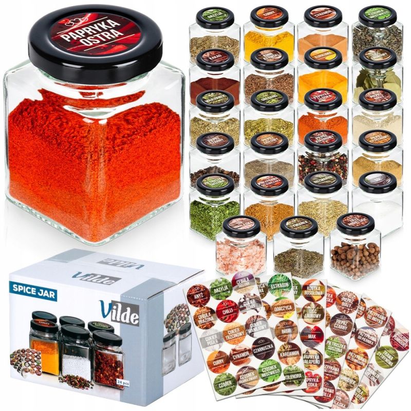 Pojemnik na przyprawy szklany 100 ml 24 szt. + 90 naklejek przypraw i ziół