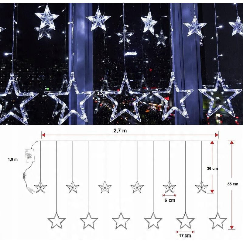 Kurtyna Świetlna LED Gwiazdki 120 LED - Zimne Światło, 4,7 m - Wtyczka EU