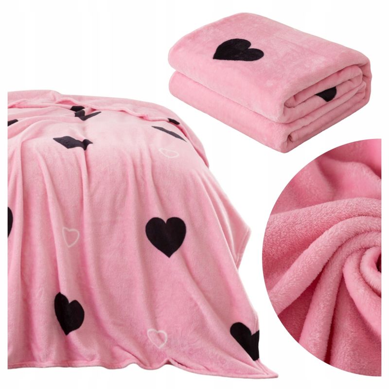 KOC NARZUTA 160x200 na łóżko kanapę MIKROFIBRA Inger RÓŻOWY SERCA pluszowy