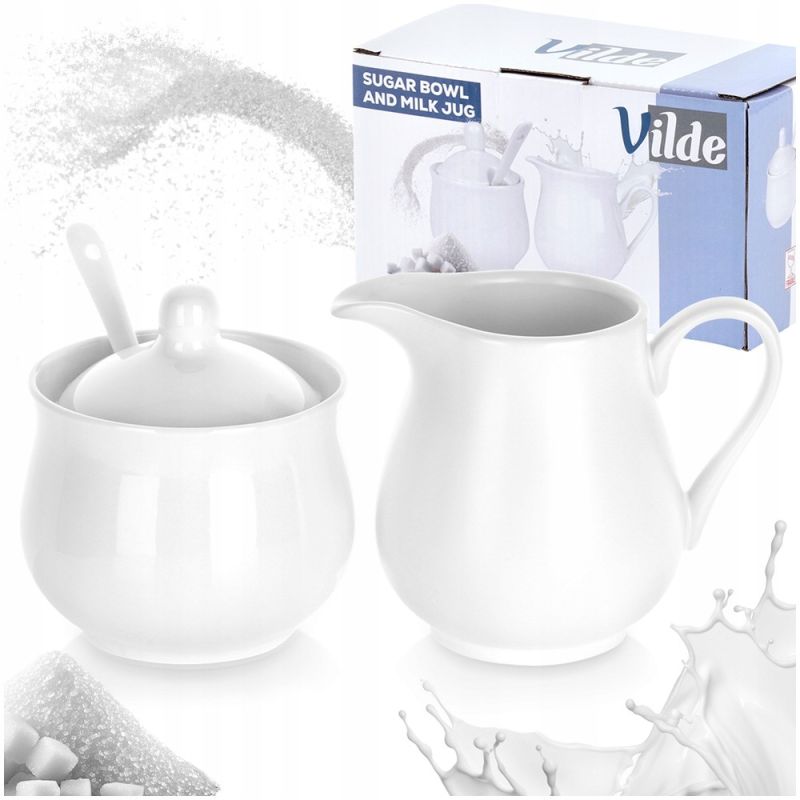 Porcelanowa cukierniczka z łyżeczką i mlecznik zestaw Białe