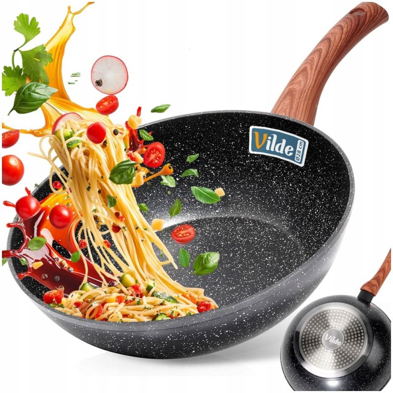 Wok Głęboka Patelnia granitowa BLACK&WOOD 28 cm uniwersalna gaz indukcja
