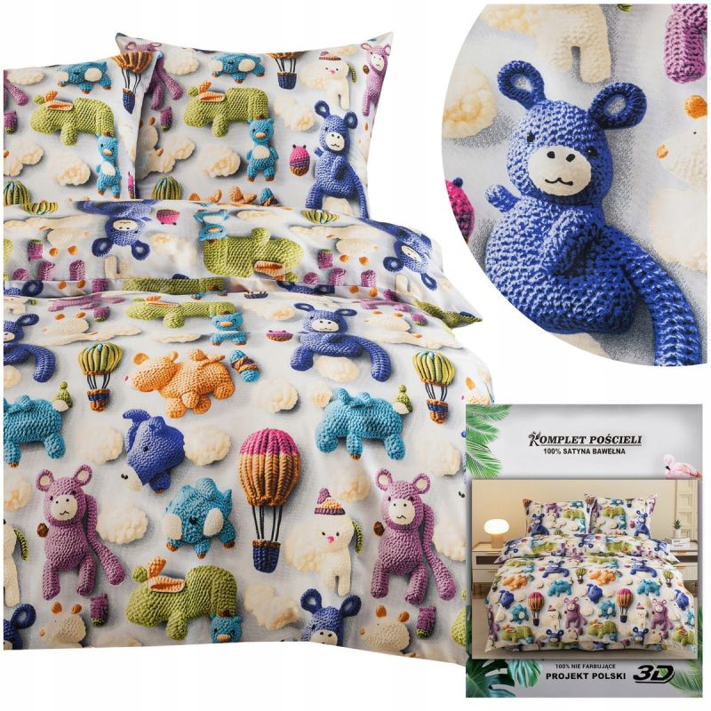 Pościel 3 cz 160x200 + 2 poszewki dla dzieci kolorowa szydełkowe zwierzątka