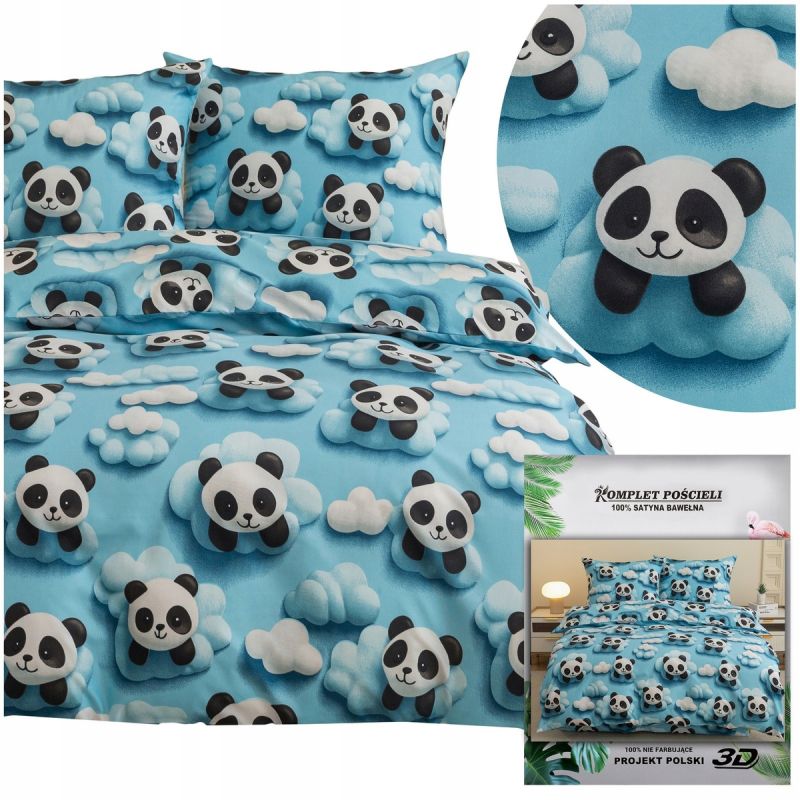 Pościel misie 3 częściowa 160x200 + 2 poszewki dla dzieci niebieska Pandy