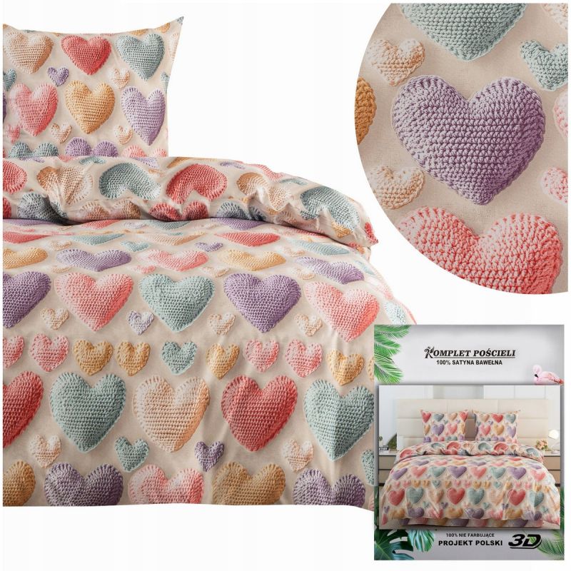 Pościel 2 cz 140x200 + poszewka 70x80 kolorowe szydełkowe serca