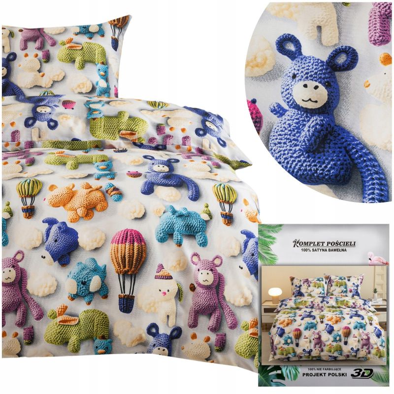 Pościel 2 cz 140x200 + 2 poszewki dla dzieci kolorowa szydełkowe zwierzątka
