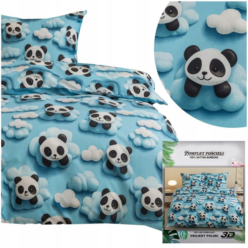 Pościel 2 częściowa 140x200 + poszewka 70x80 dla dzieci niebieska Pandy