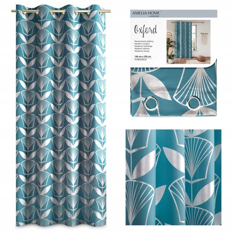 Zasłona 140 x 250 Dekoracyjna przelotkach TURKUSOWA srebrne kwiaty