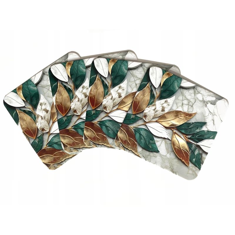 PODSTAWKA POD KUBEK ZŁOTO ZIELONE LISTKI KPL 4 SZTUKI