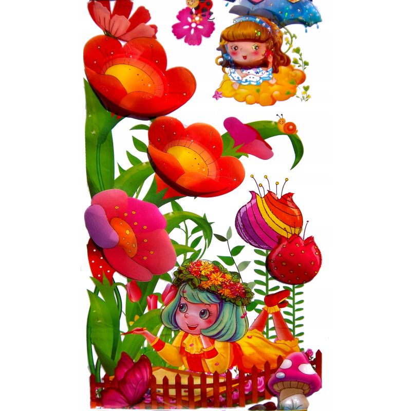 NAKLEJKI Dziecięce 3D KWIATY PTAKI LALKI Mieniące