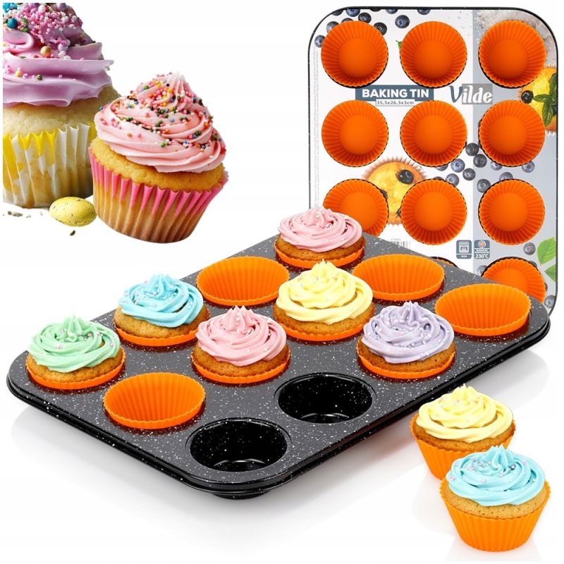 Forma do muffinek granitowa Vilde 26,5 x 35,5cm z foremkami silikonowymi