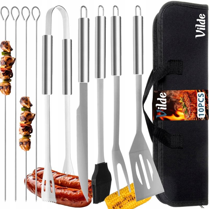Duży zestaw przyborów do grilla stal nierdzewna w etui 10 el.