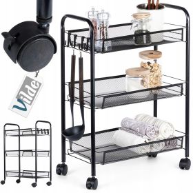 Wózek na kółkach mobilny regał metalowy czarny 3-poziomowy 44 x 26 x 63 cm