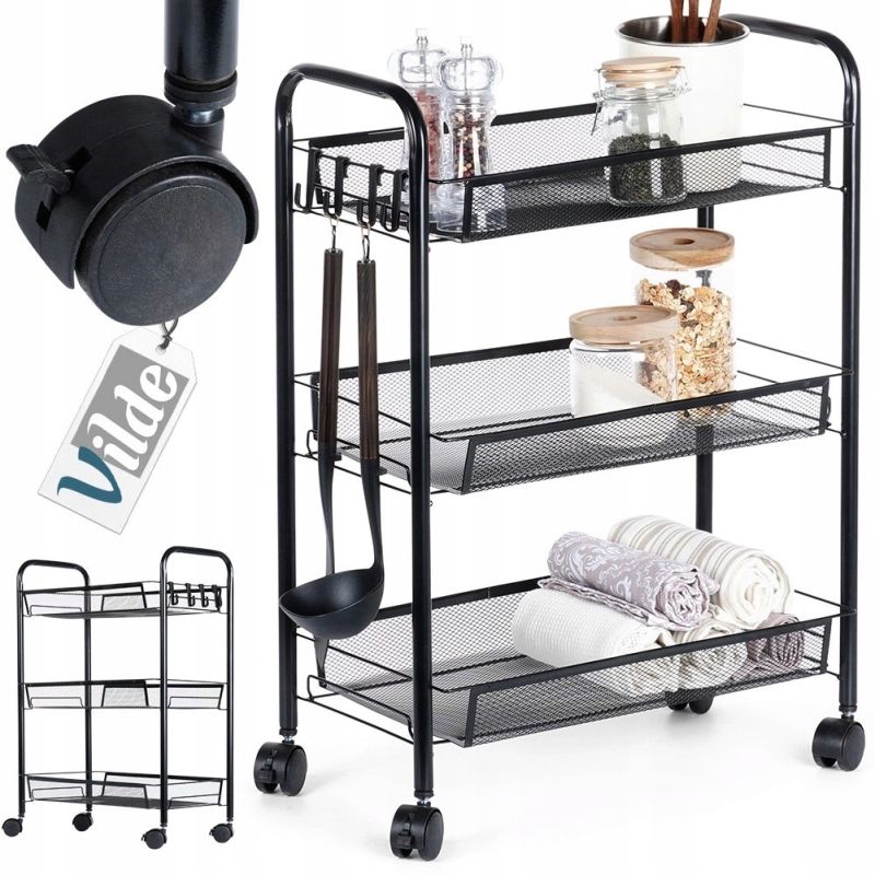 Wózek na kółkach mobilny regał metalowy czarny 3-poziomowy 44 x 26 x 63 cm