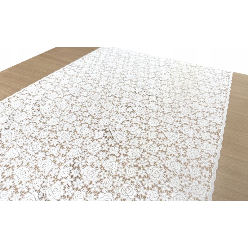 OBRUS BIEŻNIK PVC biały plamoodporny na wymiar Koronka Ażur BIAŁE RÓŻYCZKI