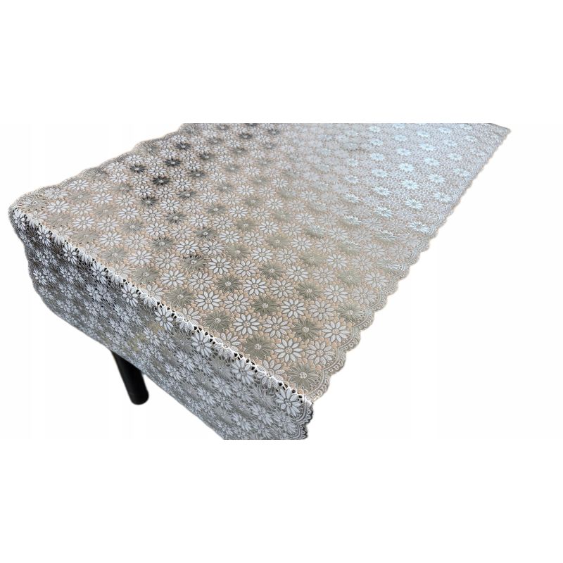 OBRUS BIEŻNIK PVC biały plamoodporny na wymiar KWIATKI BIAŁE SREBRNE