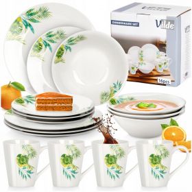 Zestaw serwis obiadowy porcela Biały zielone liście 16 el do mikrofalówki