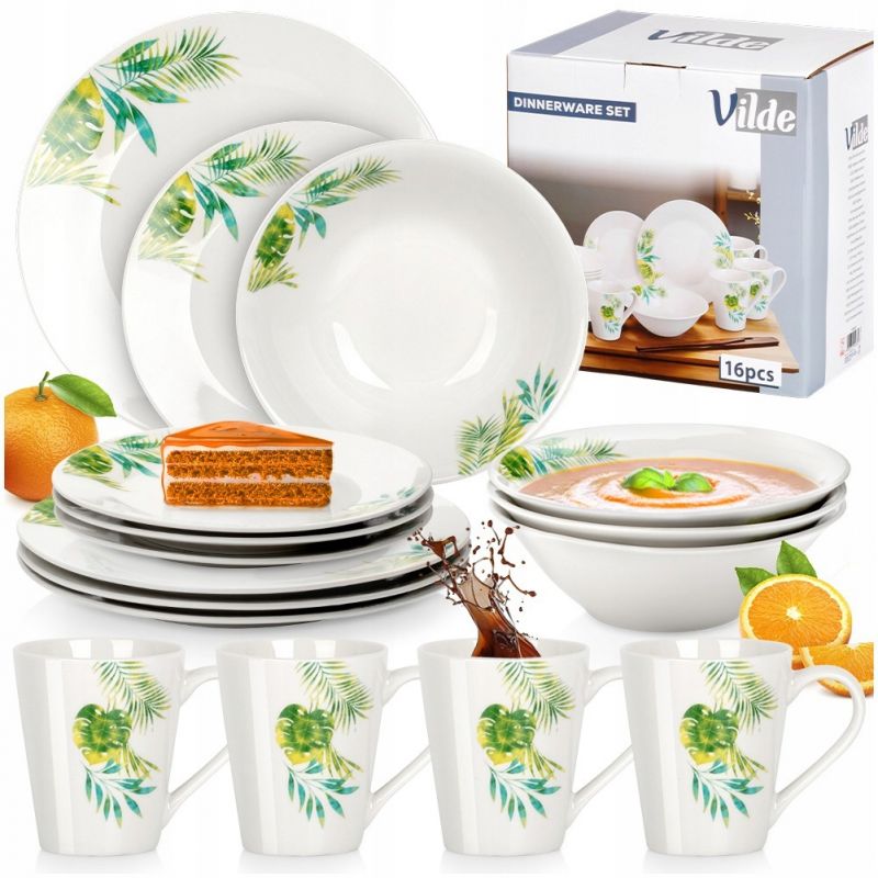 Zestaw serwis obiadowy porcela Biały zielone liście 16 el do mikrofalówki