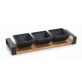 Miseczki na sosy przekąski ceramiczne czarne 90ml na drewnianej tacy