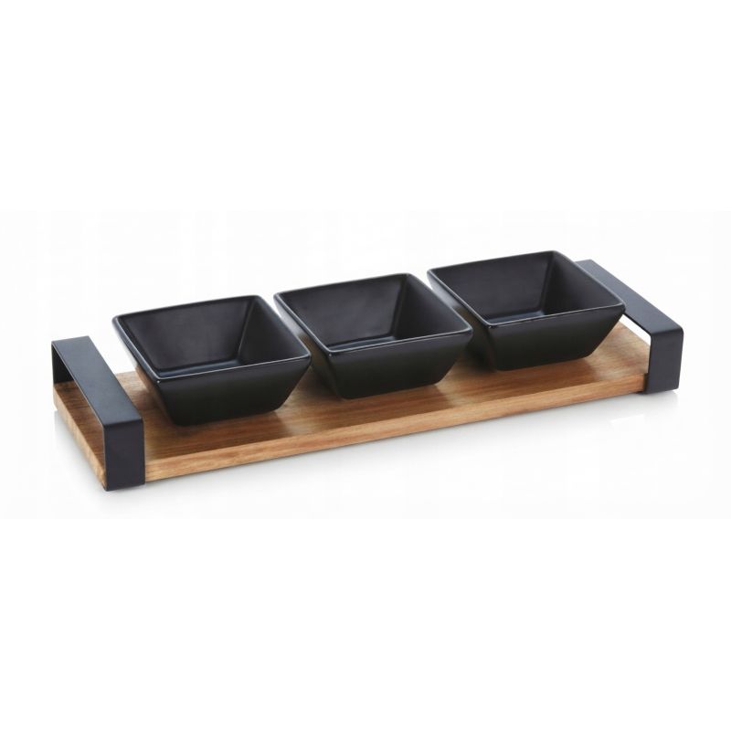 Miseczki na sosy przekąski ceramiczne czarne 90ml na drewnianej tacy