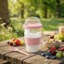 Pojemnik na jogurt musli sałatkę z łyżeczką 600ml silikonowy uchwyt Różowy