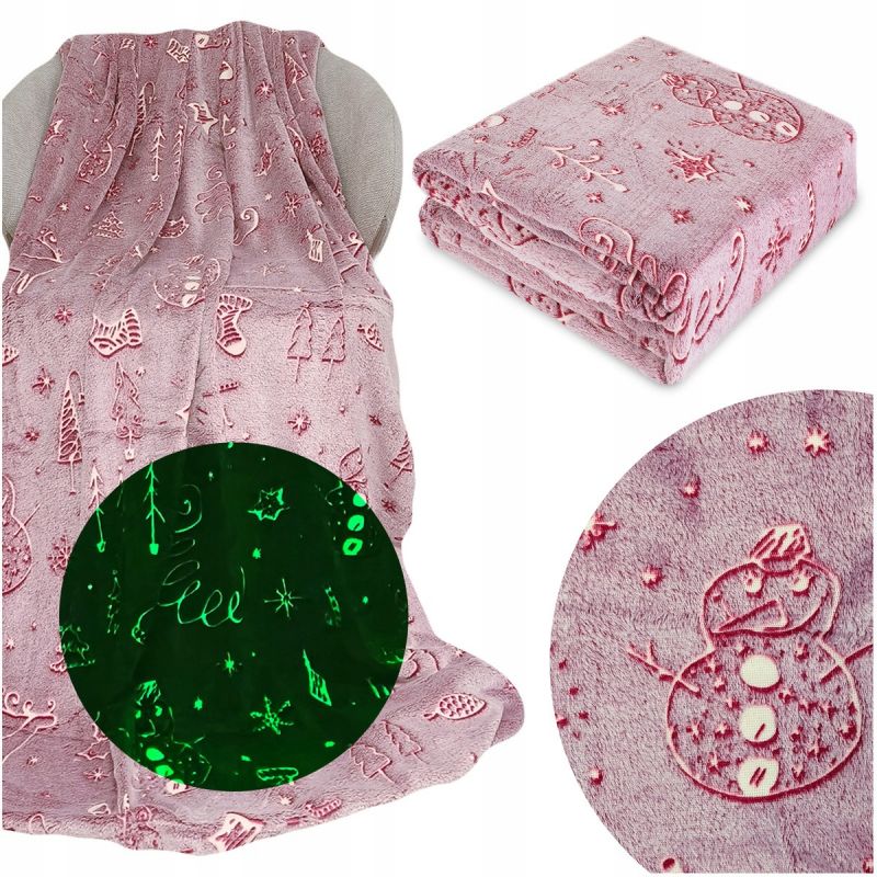 Koc 150x200 Mikrofibra Fluorescencyjny ŚWIECĄCY w ciemności Bałwanki fiolet