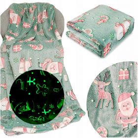 Koc 150x200 Mikrofibra Fluorescencyjny ŚWIECĄCY w ciemności Bałwanki zieleń