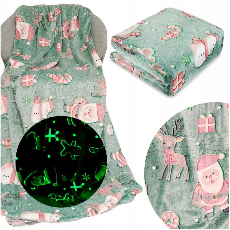 Koc 150x200 Mikrofibra Fluorescencyjny ŚWIECĄCY w ciemności Bałwanki zieleń