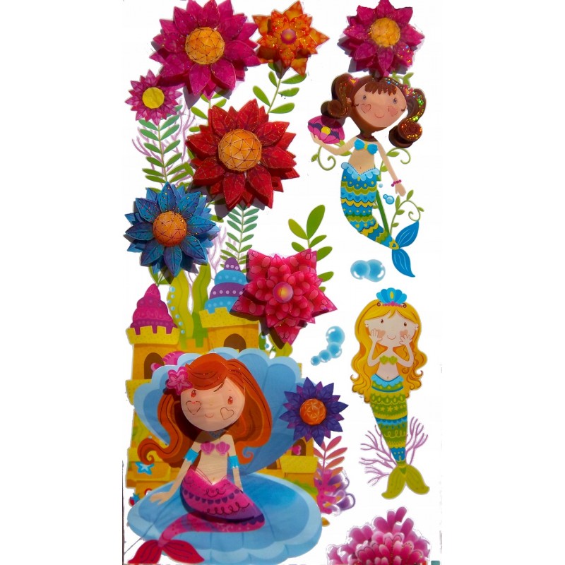 naklejka dziecięca 3d syrenki kwiaty mieniąca duża